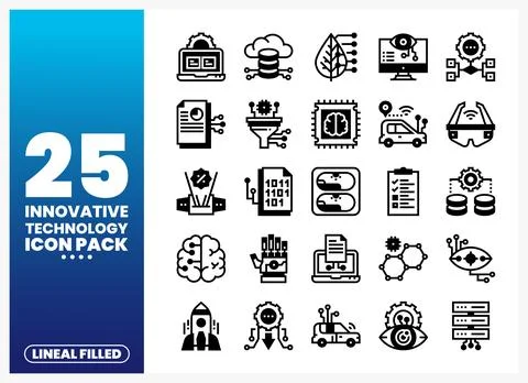 A diverse set of innovative technology icons in a lineal filled style on a .. Illustrazione stock