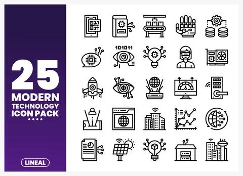 A diverse set of modern technology icons with a futuristic. clean aesthetic.. Stock Illustration