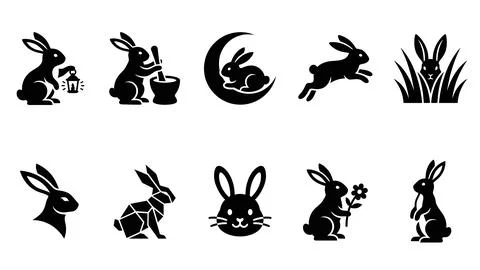 Diverse set of rabbit and bunny silhouette icons. Stock Illustration