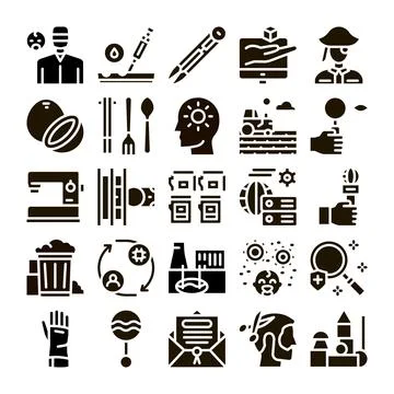 Diverse set of solid black glyph icons depicting various concepts Stock Illustration