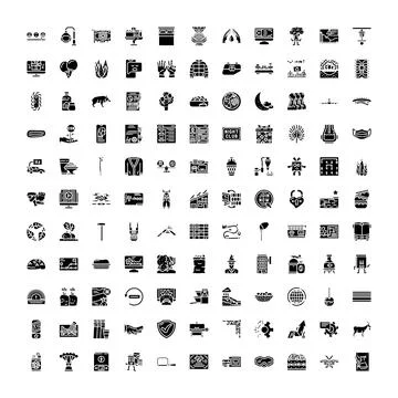 Diverse set of solid black glyph icons 스톡 일러스트