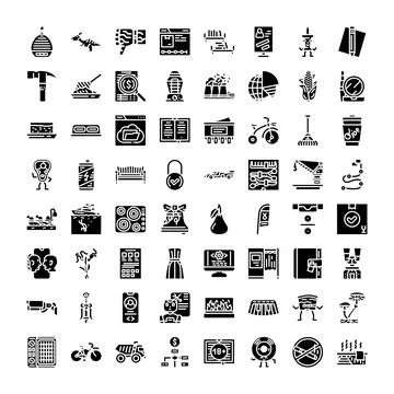 Diverse set of solid black glyph icons 库存插图