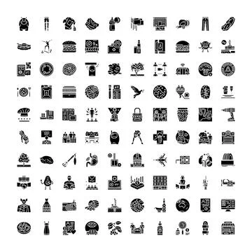 Diverse set of solid black glyph icons Stock Illustration