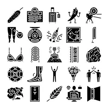 Diverse set of solid black glyph icons presenting various concepts Stock Illustration