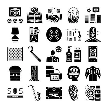 Diverse set of solid black glyph icons Stock Illustration