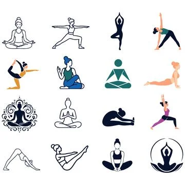 A Diverse Set of Women Practicing Various Yoga Poses in Minimalist Flat Vec.. Stockillustratie