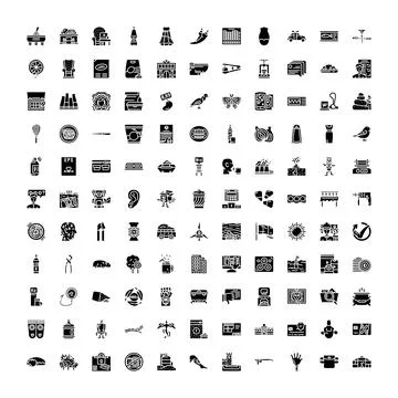 Diverse solid glyph icons and infographic symbols Stock Illustration