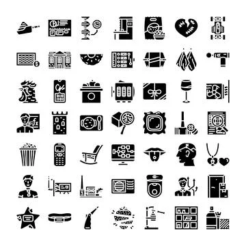 Diverse solid glyph icons set for applications Stock Illustration