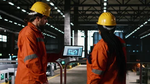 Diverse staff supervises autonomous robot arm system on laptop software Stock Footage 330031192