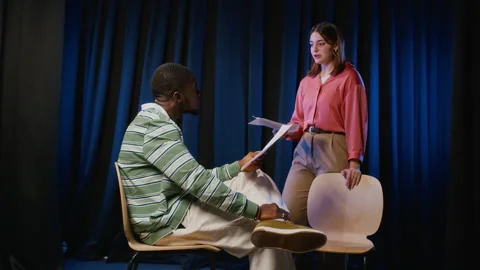 Diverse Student Actors Rehearsing Script on Theater Stage Stock-Footage 344523953