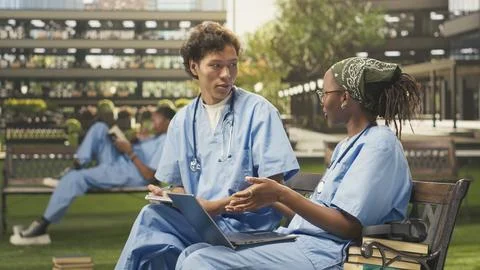 Diverse students in blue scrubs comparing notes on open textbook Stock Photos