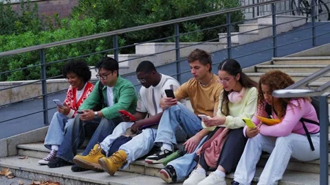 Diverse students on campus steps using smartphones Stock Footage 348089600