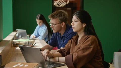 Diverse Students Discussing Project on Laptop in University Library Stock Footage 342121089
