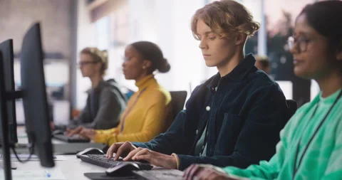 Diverse Students Studying in Computer Class Stock Footage 243652158