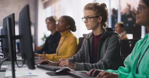 Diverse Students Studying in Computer Class Stock Footage 243652204