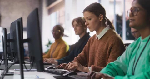 Diverse Students Studying in Computer Class Stock Footage 243652281