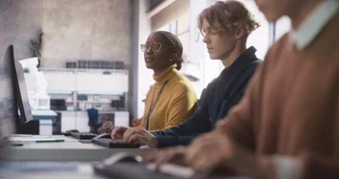 Diverse Students Studying in Computer Class Stock Footage 243652458