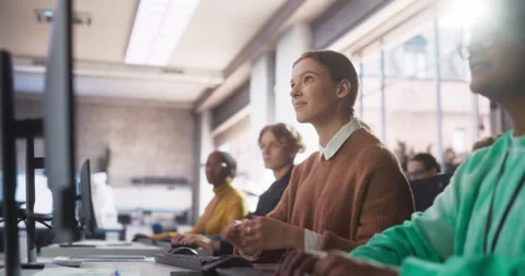 Diverse Students Studying in Computer Class Stock Footage 243652514