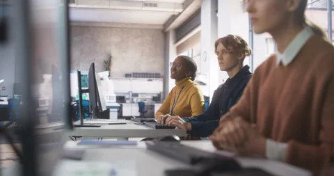 Diverse Students Studying in Computer Class Stock Footage 243652572
