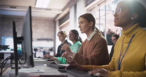 Diverse Students Studying in Computer Class Video stock 243653008