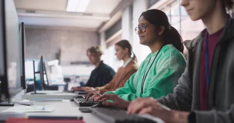 Diverse Students Studying in Computer Class Stock Footage 243653072
