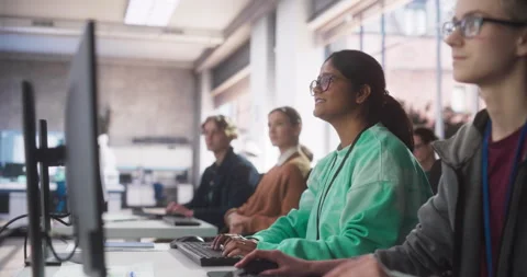 Diverse Students Studying in Computer Class Stock Footage 243653191
