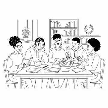Diverse students studying together, line art illustration, black and white .. Stock Illustration