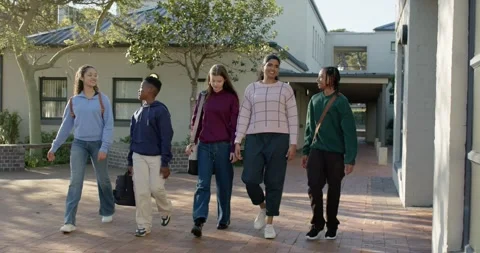 Diverse students walking across brick courtyard, leaving walkway, with Stock Footage 341063851