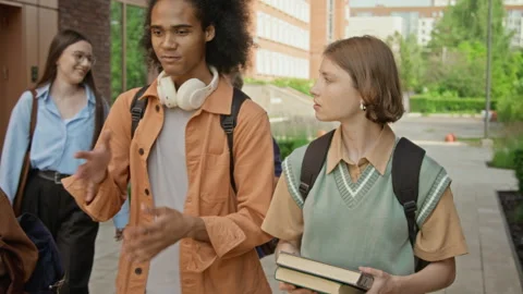 Diverse Students Walking and Talking on University Campus Stock Footage 342111183