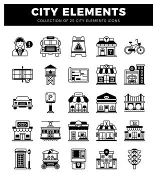 A diverse stylized black and white urban icons. presented on a clean white .. Stock Illustration