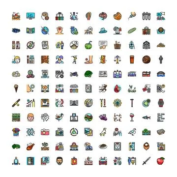 Diverse stylized outlined icons presenting various concepts Stock Illustration