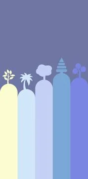 Diverse stylized trees on colorful rounded hills against a muted background Illustrazione stock