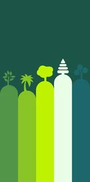 Diverse stylized trees in a row against a dark green background Illustrazione stock