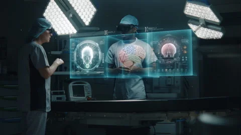 Diverse surgeons using AI virtual holographic display with health monitors and Video stock 259958884