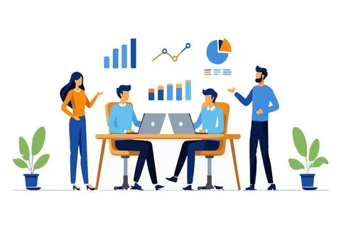 Diverse team collaborates on data analysis and business growth with  laptops Stockillustratie