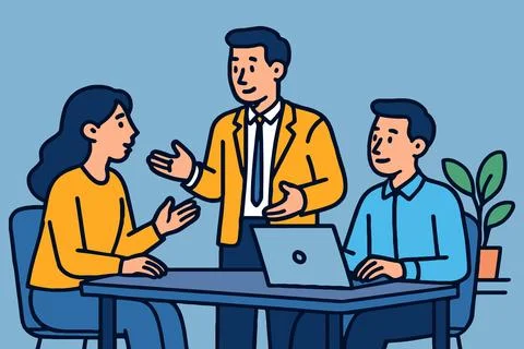 Diverse team collaborates on a project at a modern office desk Stock Illustration
