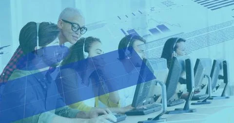 Diverse team collaborating on computers, analyzing digital data in modern office Illustrazione stock