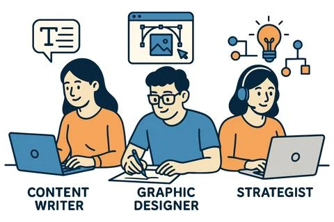 Diverse team collaborating on creative projects with laptops and icons Stock-Illustration