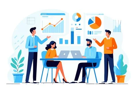 Diverse team collaborating on data analysis and business growth charts 스톡 일러스트