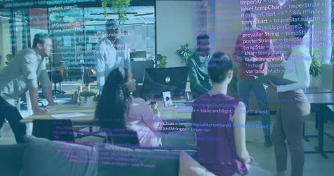 Diverse team collaborating in office with computer code overlay animation Stock Footage 303607864