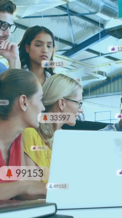 Diverse team collaborating at office with data analytics animation overlay Stock Footage 319055874