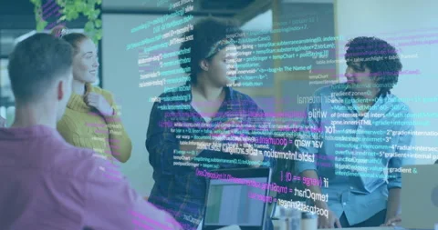 Diverse team collaborating in office with digital code overlay animation Stock Footage 303607854