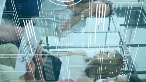 Diverse team collaborating in office with digital data processing animation Stock Footage 313447229