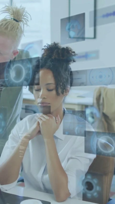 Diverse team collaborating at office with digital data processing animation Stock Footage 319416192