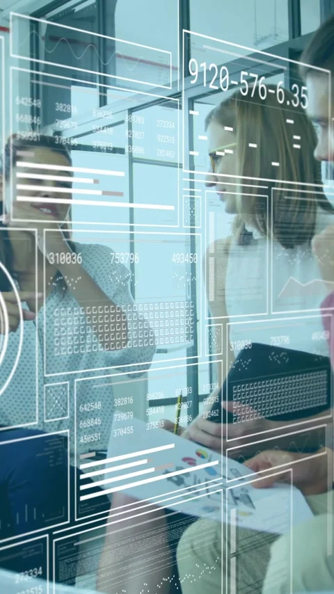 Diverse team collaborating in office with digital data processing animation Stock Footage 319727783