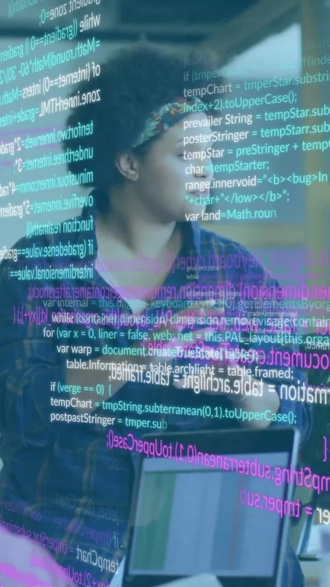 Diverse team collaborating in office with digital code overlay animation Stock Footage 344285082