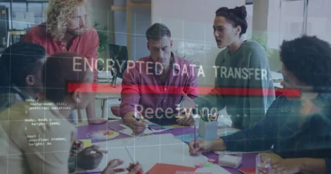 Diverse team collaborating at office with encrypted data transfer animation Stock Footage 303555126