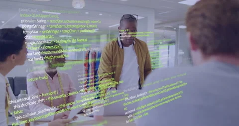 Diverse team collaborating in office with green coding animation overlay Stock Footage 303608237
