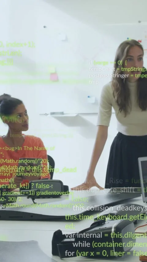 Diverse team collaborating in office with programming code overlay animation 스톡 동영상 344370479