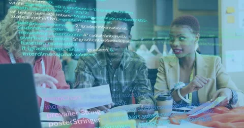 Diverse team collaborating over computer code animation in modern office Video stock 304762845